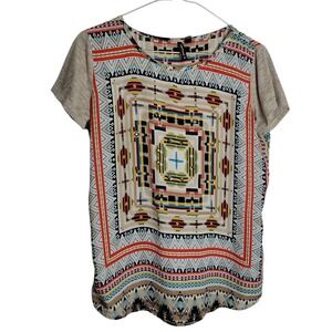 Women's Southwestern Aztec Print Top Boho Geometric SS Blouse Medium